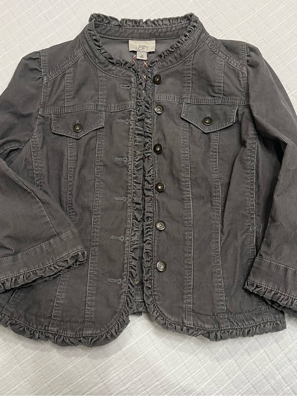 Ann Taylor Loft, Vintage Waist Length Corduroy Jacket - Gray With Ruffle Trim